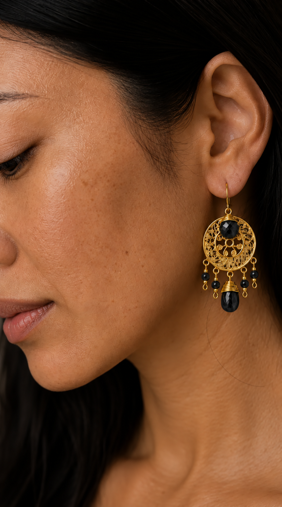 Boho model wearing Black Obsidian Soleil genuine gemstone statement earring