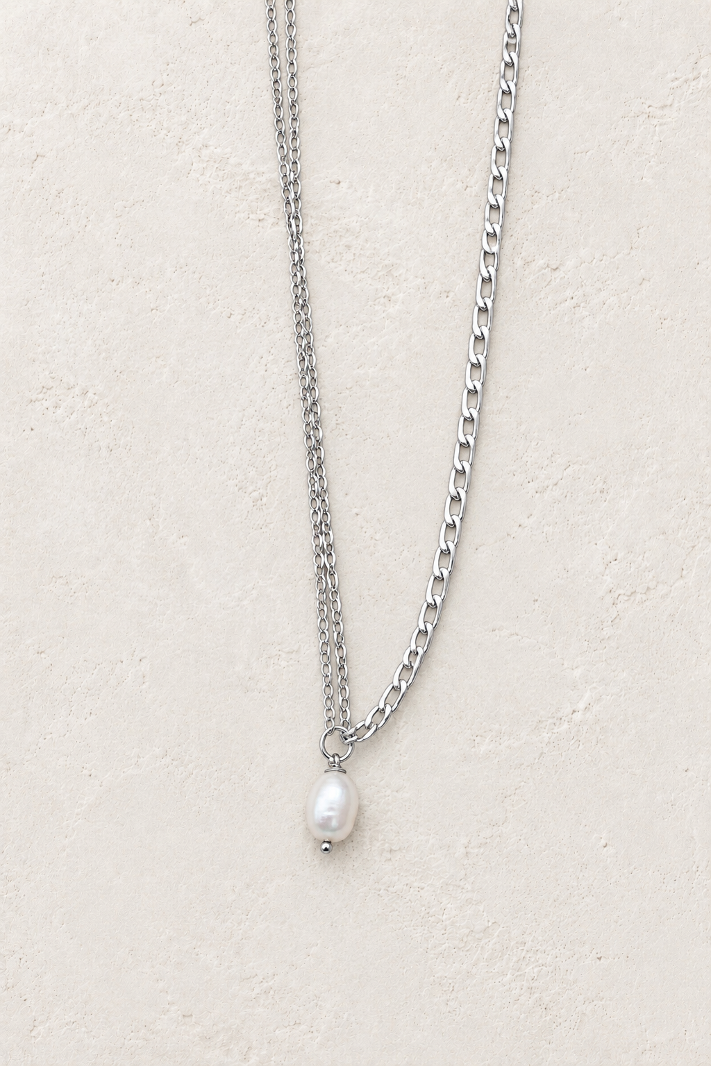 Odette Silver Layered Pearl Drop Necklace on Francesca's approved original hero background