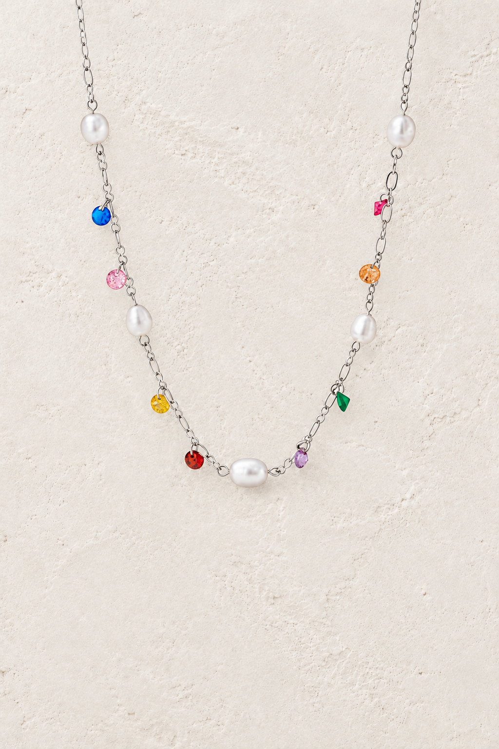Silver Pearl & Colourful Crystal Necklace on Francesca's approved original hero background