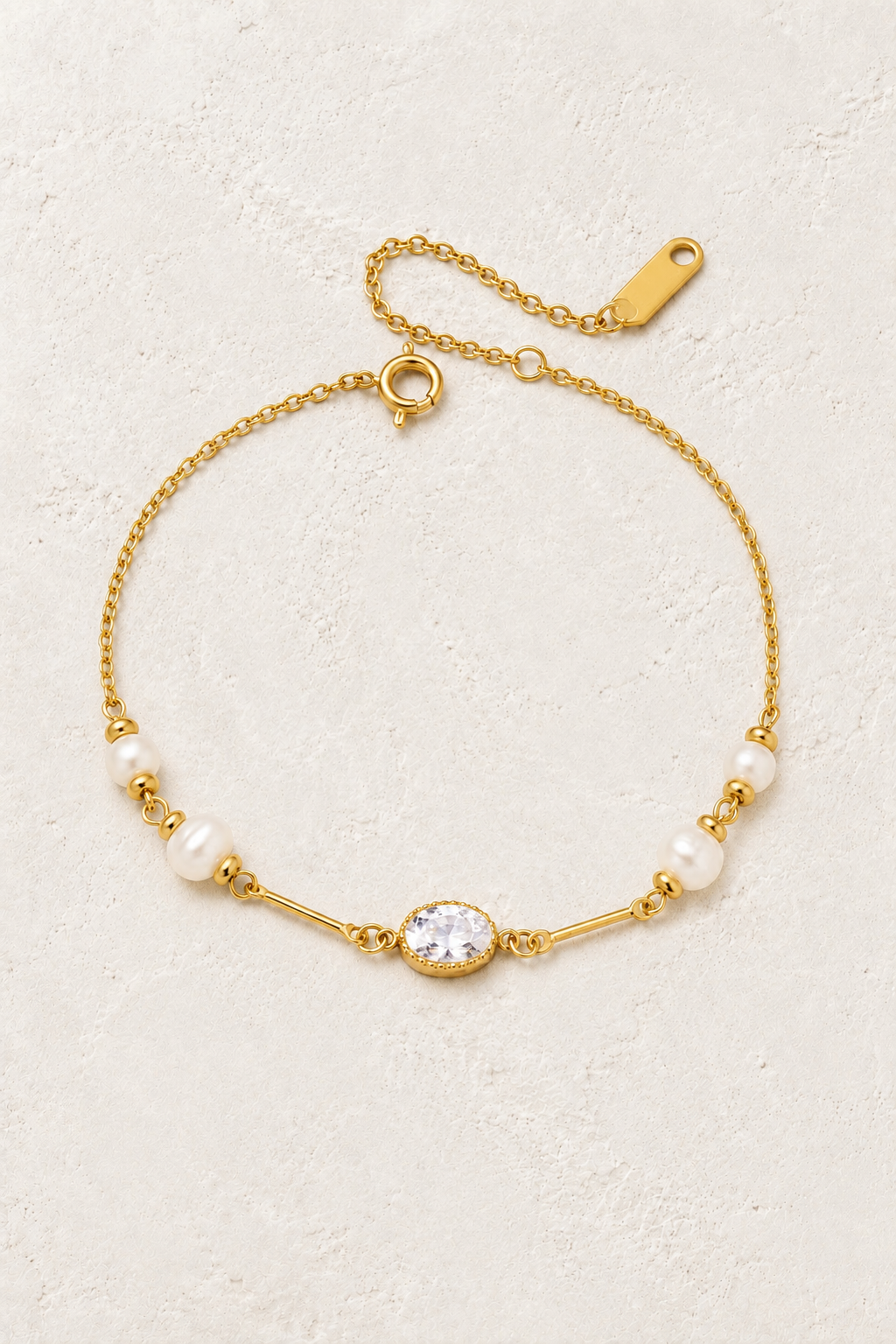 Odette Oval Crystal & Freshwater Pearl Bracelet on Francesca's supplied original hero background