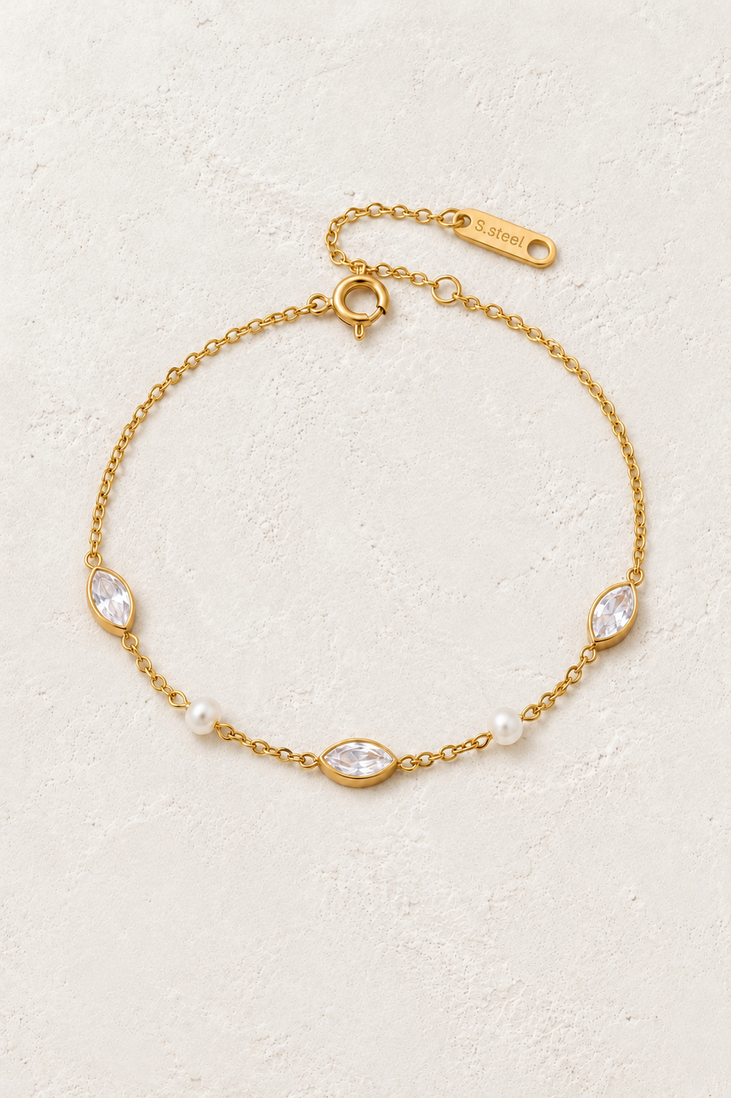 Elowen Marquise Crystal & Freshwater Pearl Bracelet on Francesca's supplied original hero background
