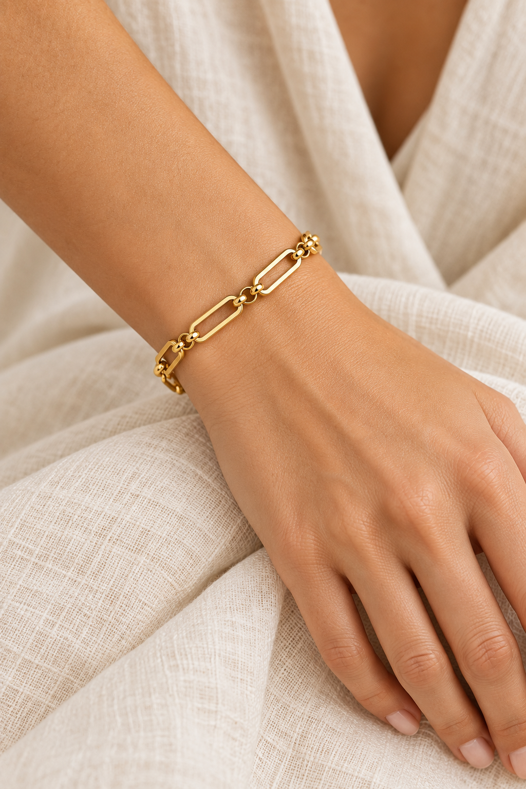 
                  
                    Boho model wearing the gold boldpaperclip bracelet
                  
                