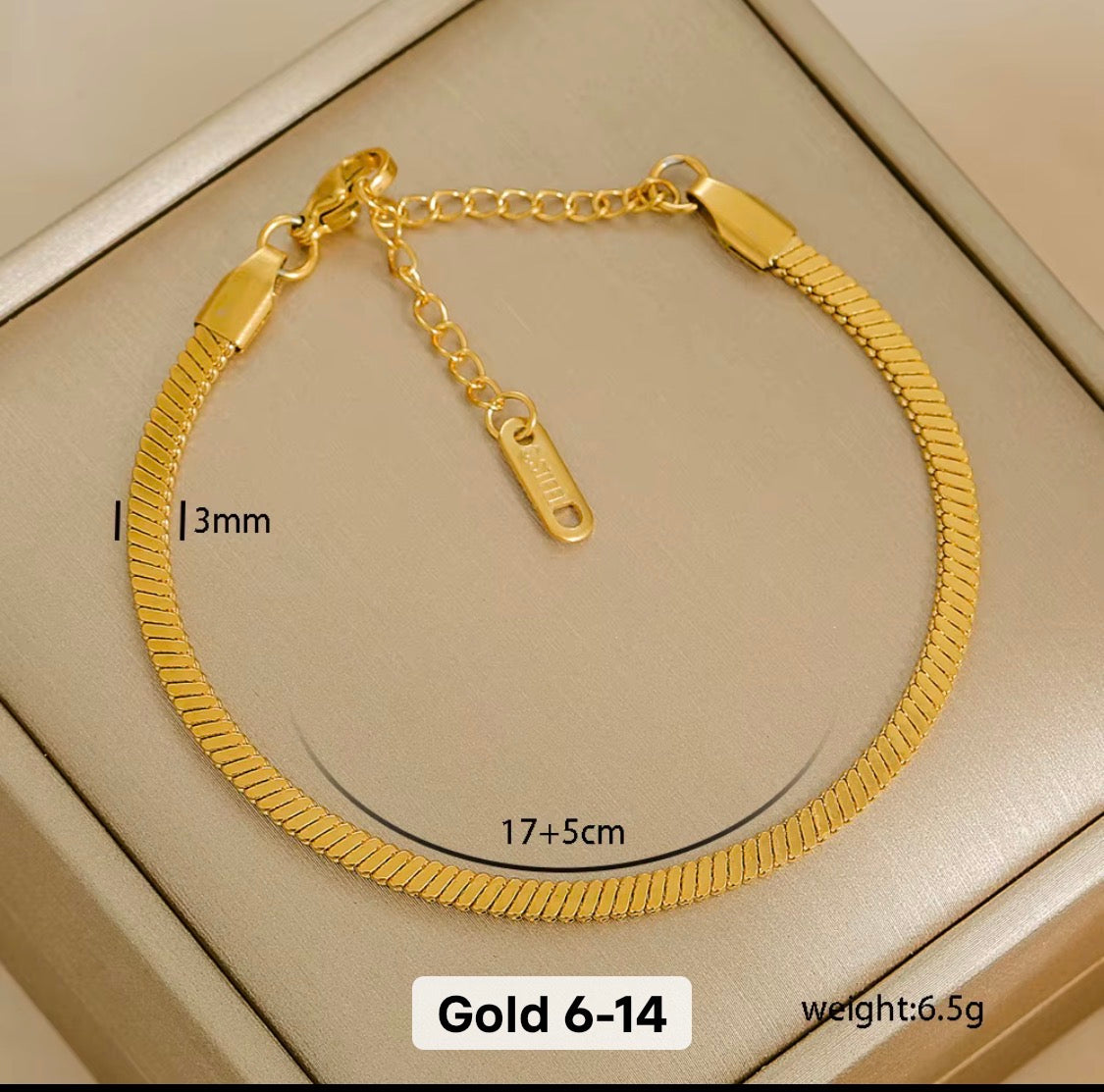 
                  
                    Gold Flat Chain Bracelet with measurements
                  
                