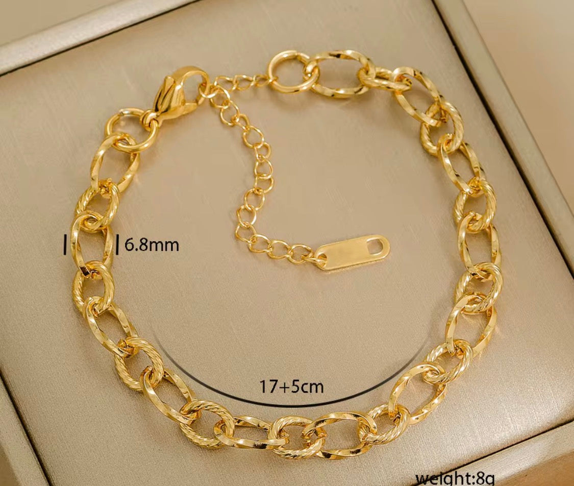 
                  
                    Gold Hammered Mixed Link Bracelet with measurements
                  
                