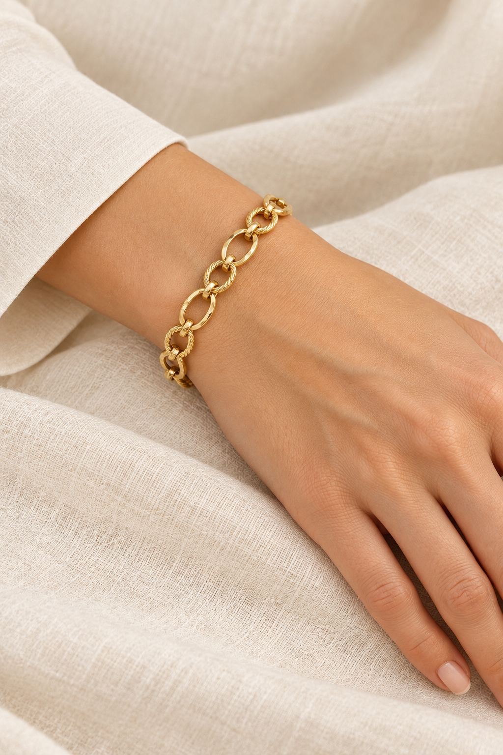 
                  
                    Gold Hammered Mixed Link Bracelet on boho model
                  
                