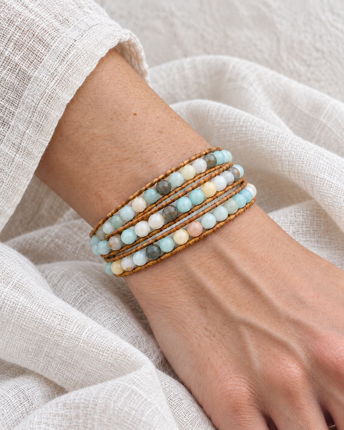Model wearing Boho & Mala Handmade Amazonite Mixed Natural Stone Wrap Bracelet in natural daylight