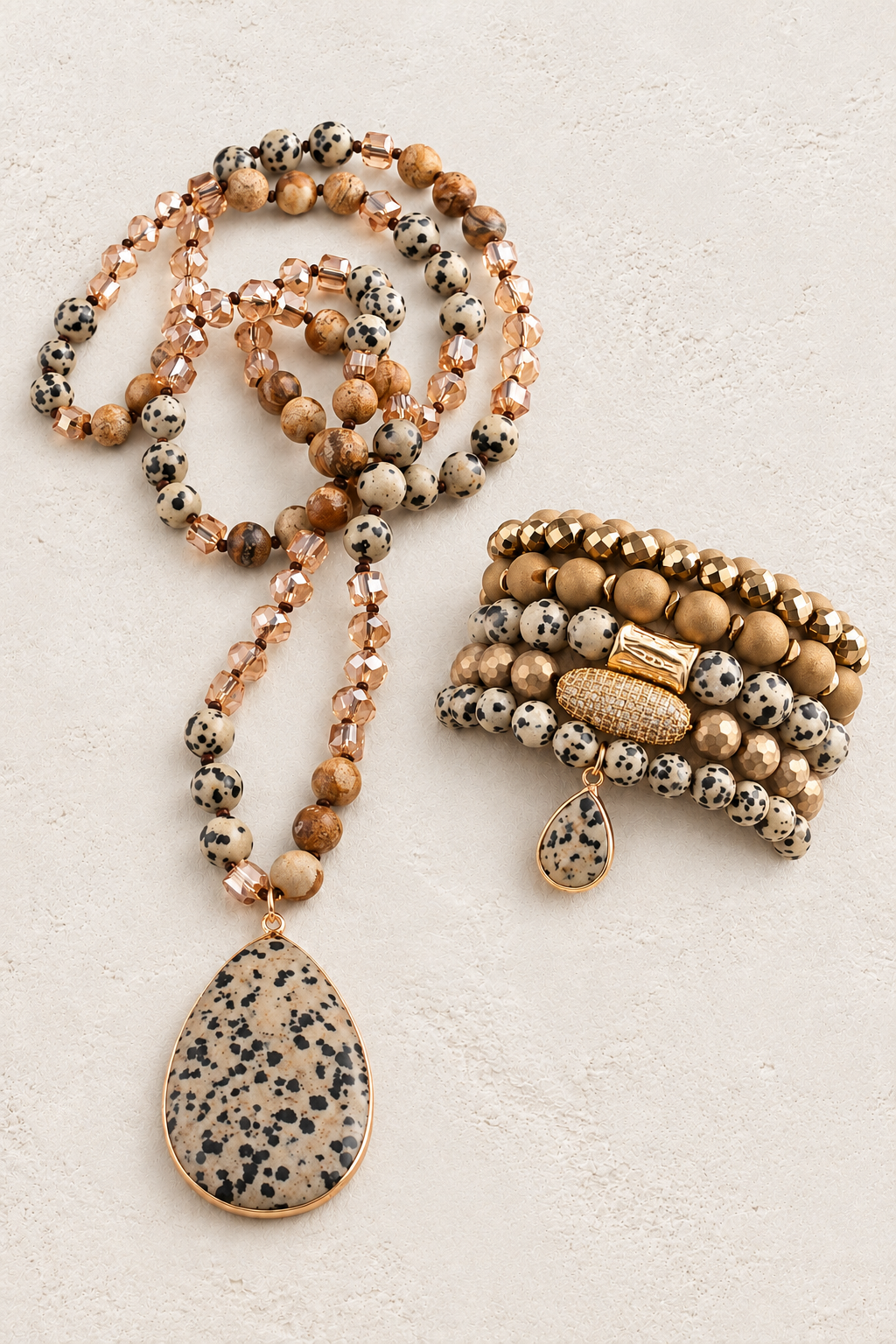 Jasper Stone Necklace & Bracelet Set on the Boho & Mala cream stone hero background