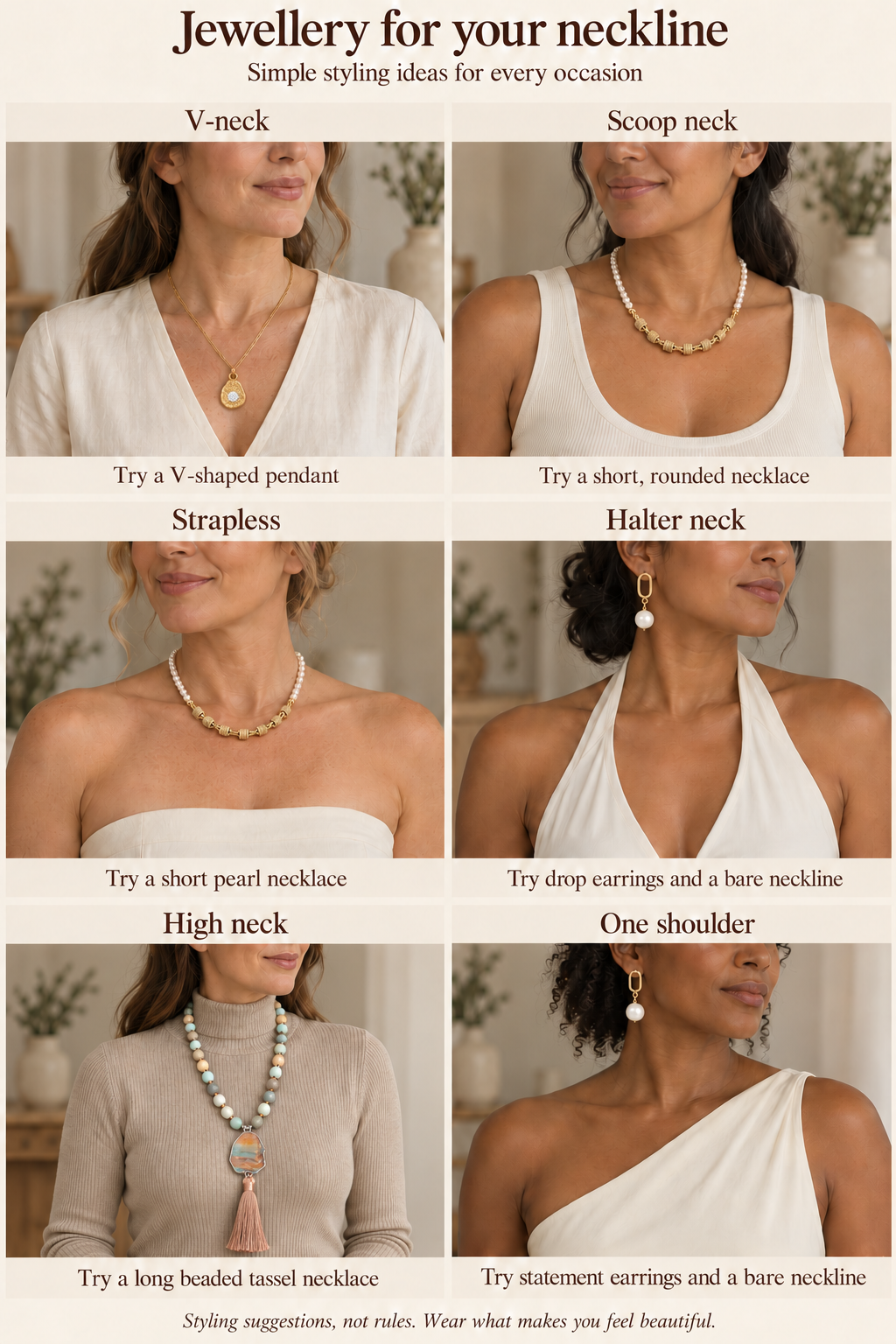 Boho &amp; Mala neckline styling guide: Aurelia Crystal Pendant for a V-neck; Freshwater Pearl Necklace for scoop and strapless necklines; Aveline Classic Pearl Drop Earrings for halter and one-shoulder necklines; Blue Amazonite Tassel Necklace over a high-neck top.