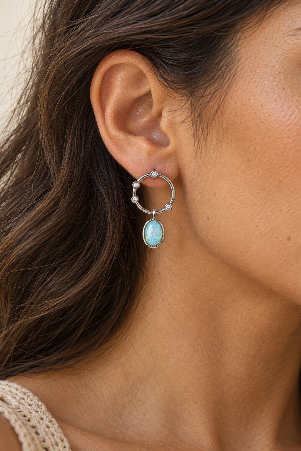 Model wearing Boho & Mala Opal Sterling Silver Stud Earrings