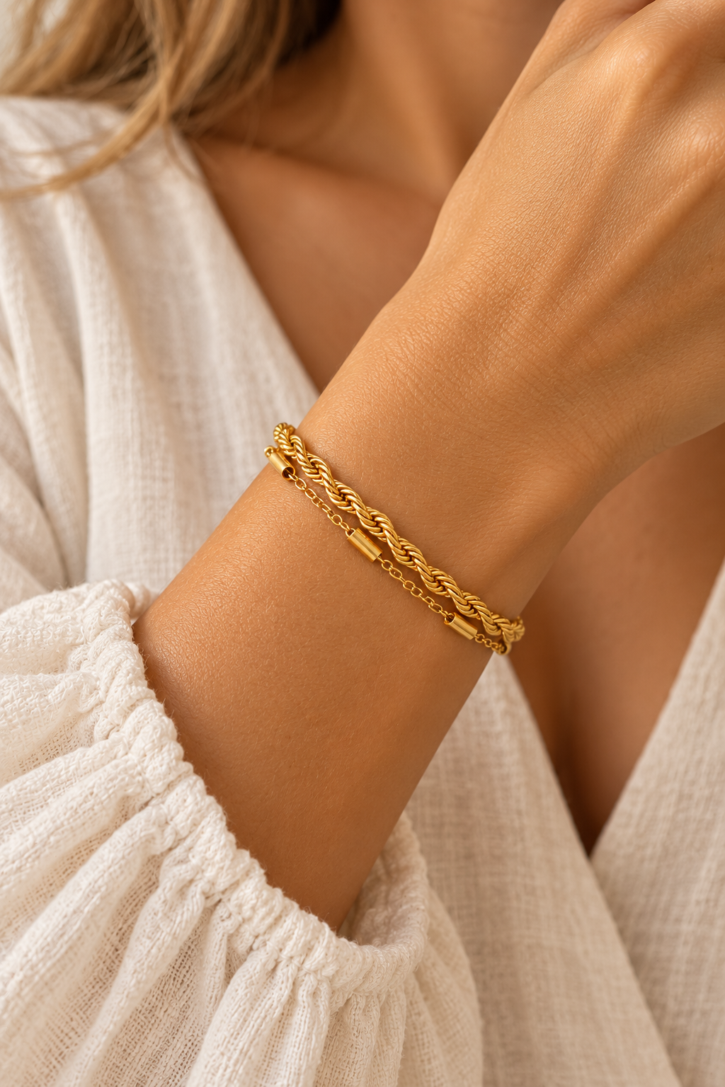 
                  
                    Boho model wearing the gold rope-layered bracelet
                  
                