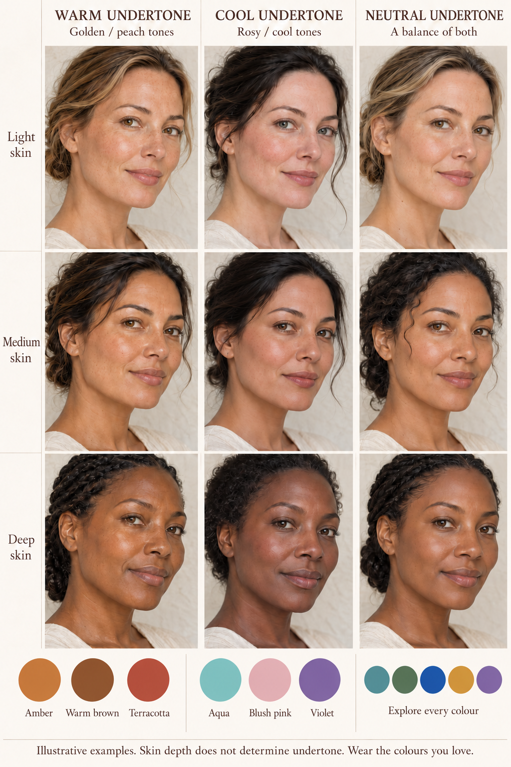 Illustrative colour guide showing warm, cool and neutral undertone examples across light, medium and deep skin, with flat colour swatches. Warm: amber, warm brown and terracotta. Cool: aqua, blush pink and violet. Neutral: explore every colour.