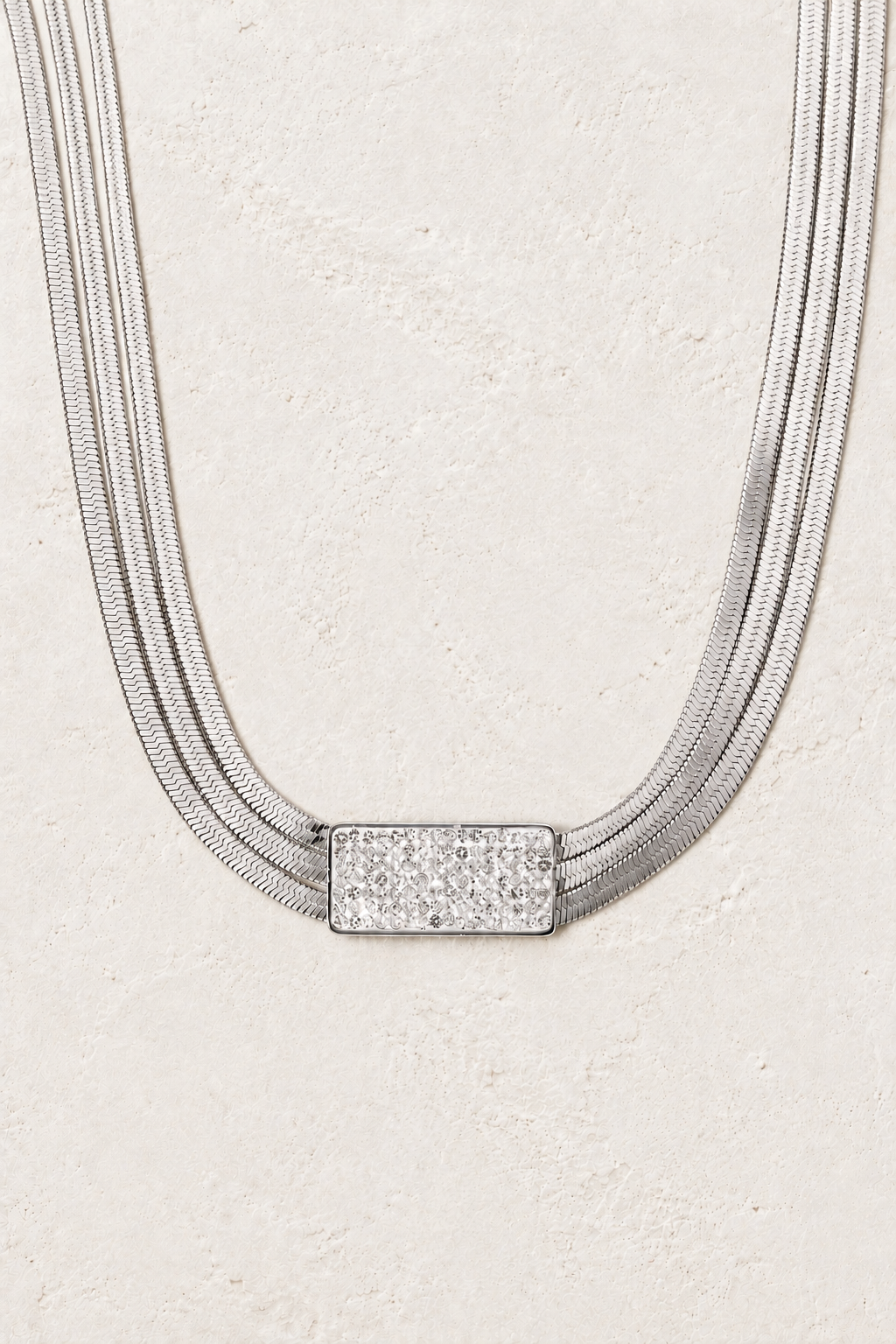 Luna Silver Multi-Strand Necklace – Sparkling Cubic Zirconia on the Boho & Mala cream stone hero background