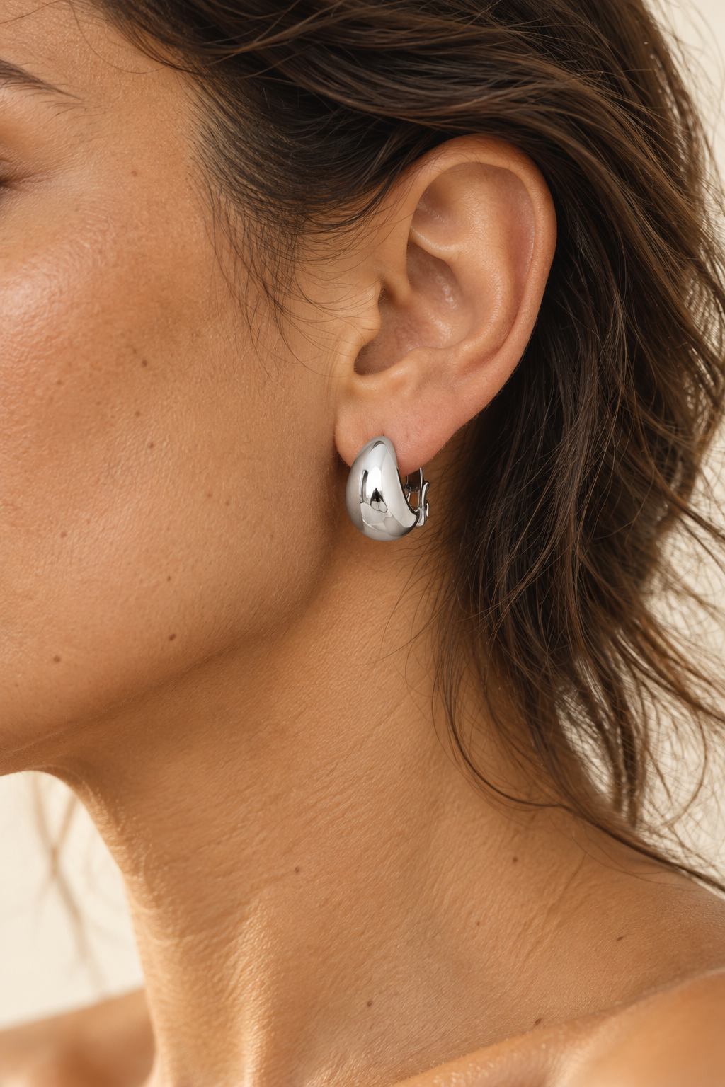 Model wearing Boho & Mala Sterling Silver Hoop Earrings