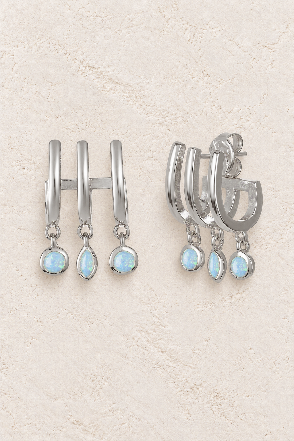 Boho & Mala Triple Blue Opal Sterling Silver Stud Earrings on warm cream textured background
