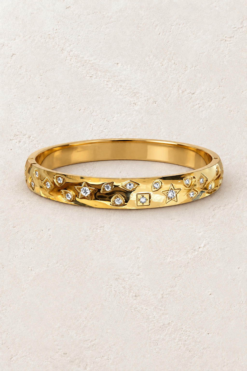 
                  
                    Gold Celestial Crystal Bangle | Waterproof on ivory textured background
                  
                