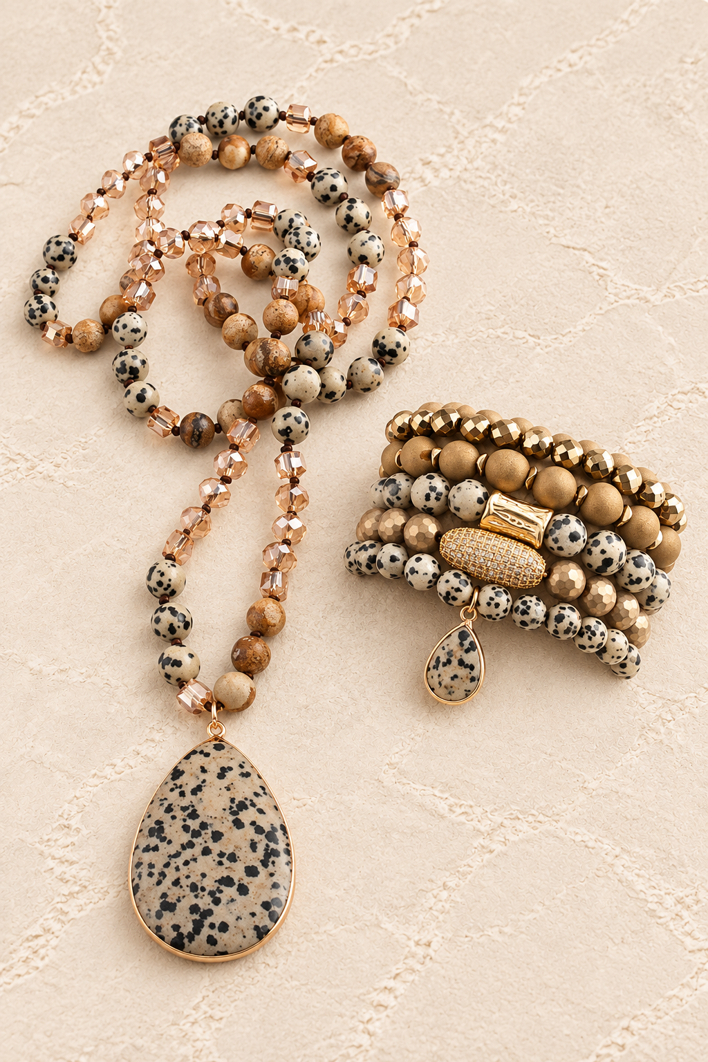 
                  
                    Jasper Stone Necklace & Bracelet Set on ivory plaster, tall product cover
                  
                