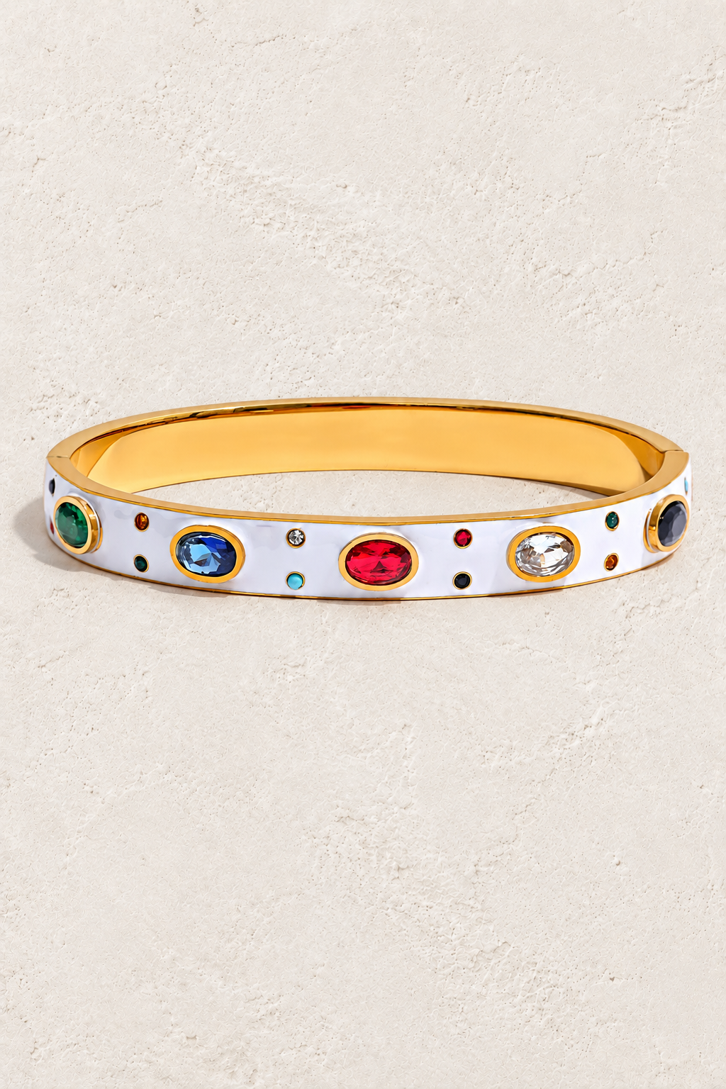 
                  
                    White Enamel Diamanté Gold Bracelet | Waterproof & Tarnish-Free on ivory textured background
                  
                