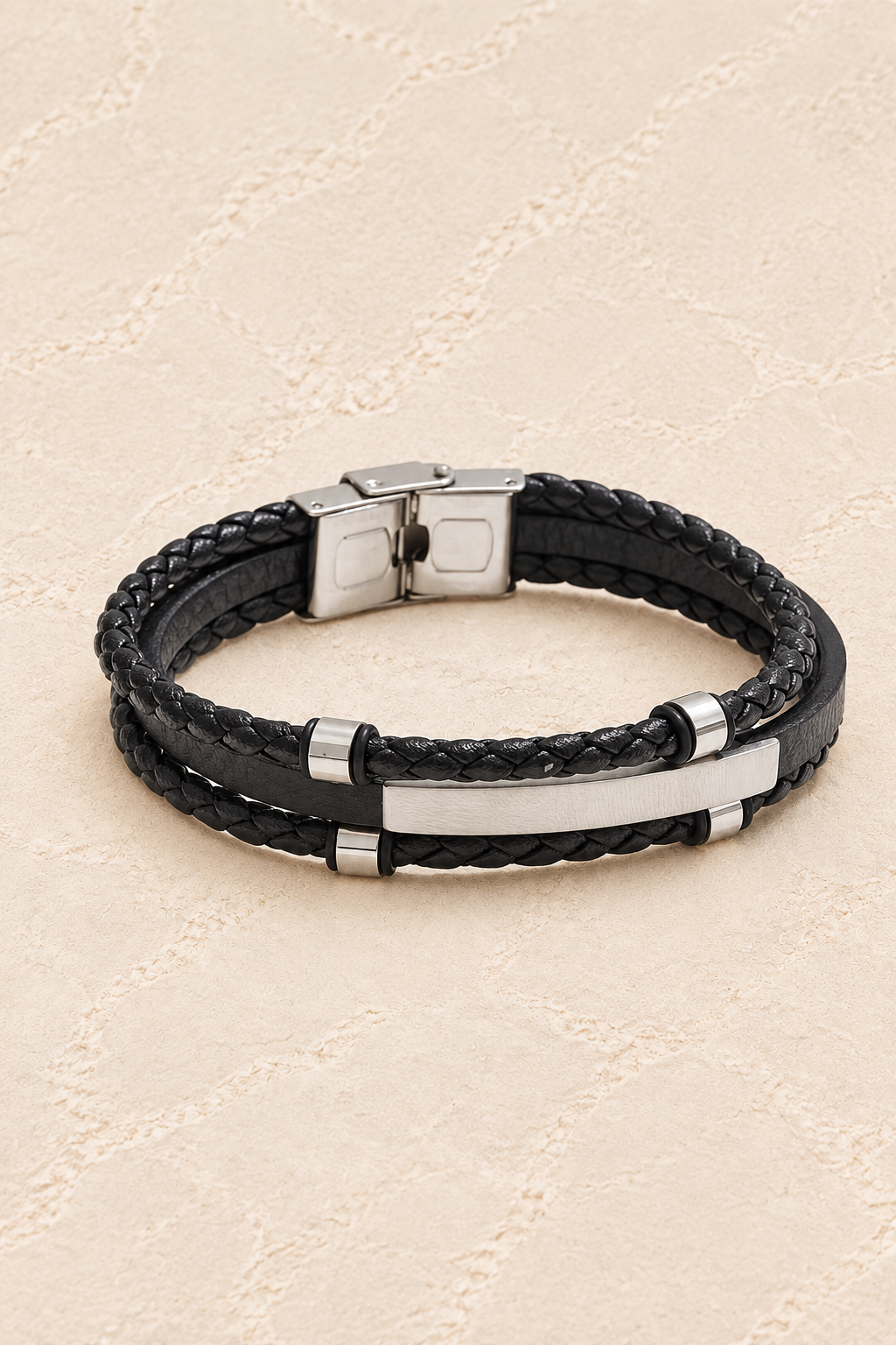 Men’s Black PU Leather & Stainless-Steel Bracelet 22cm on ivory plaster, tall product cover