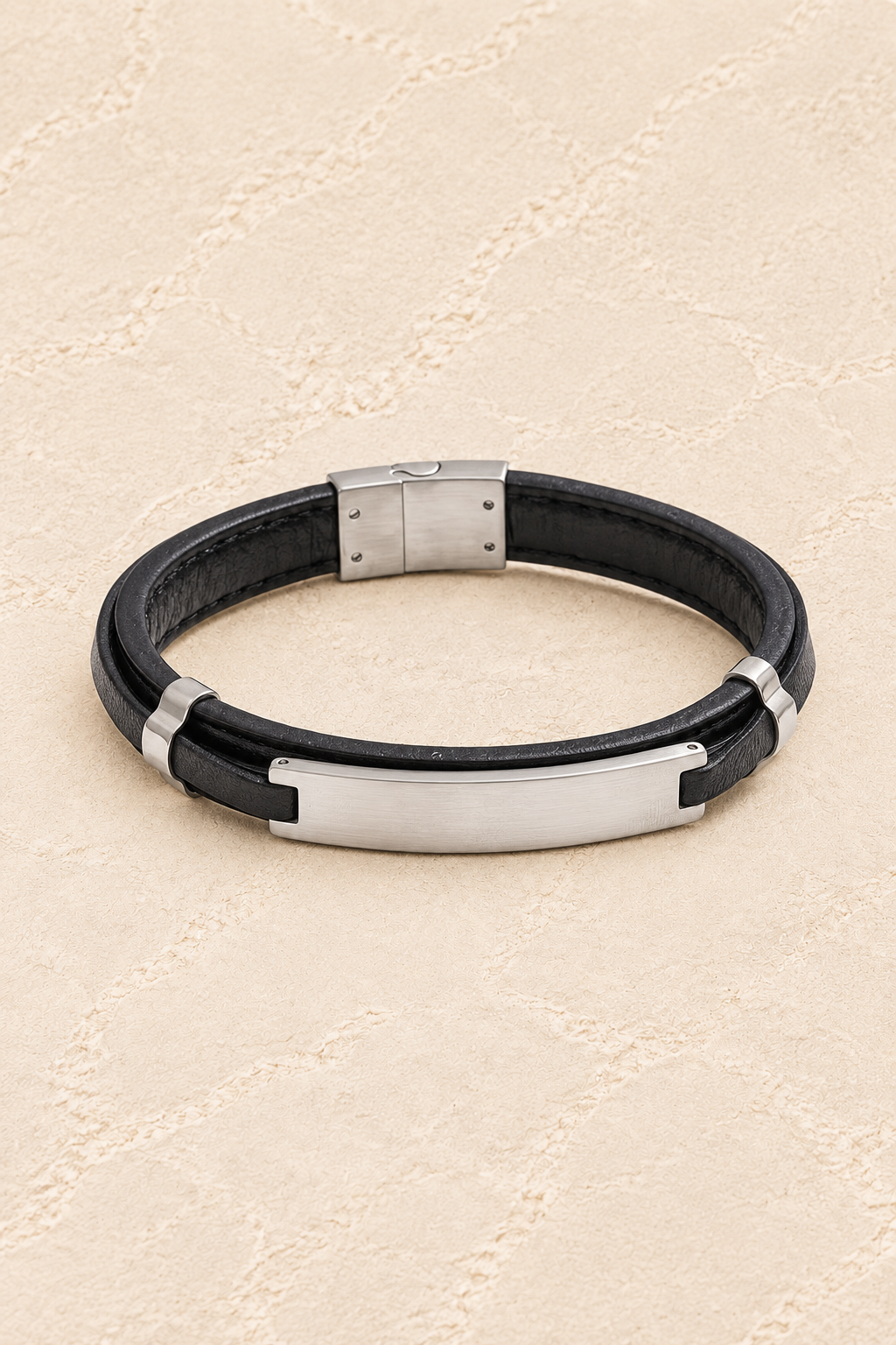 Men’s Black PU Leather & Stainless-Steel Bracelet 21cm on ivory plaster, tall product cover