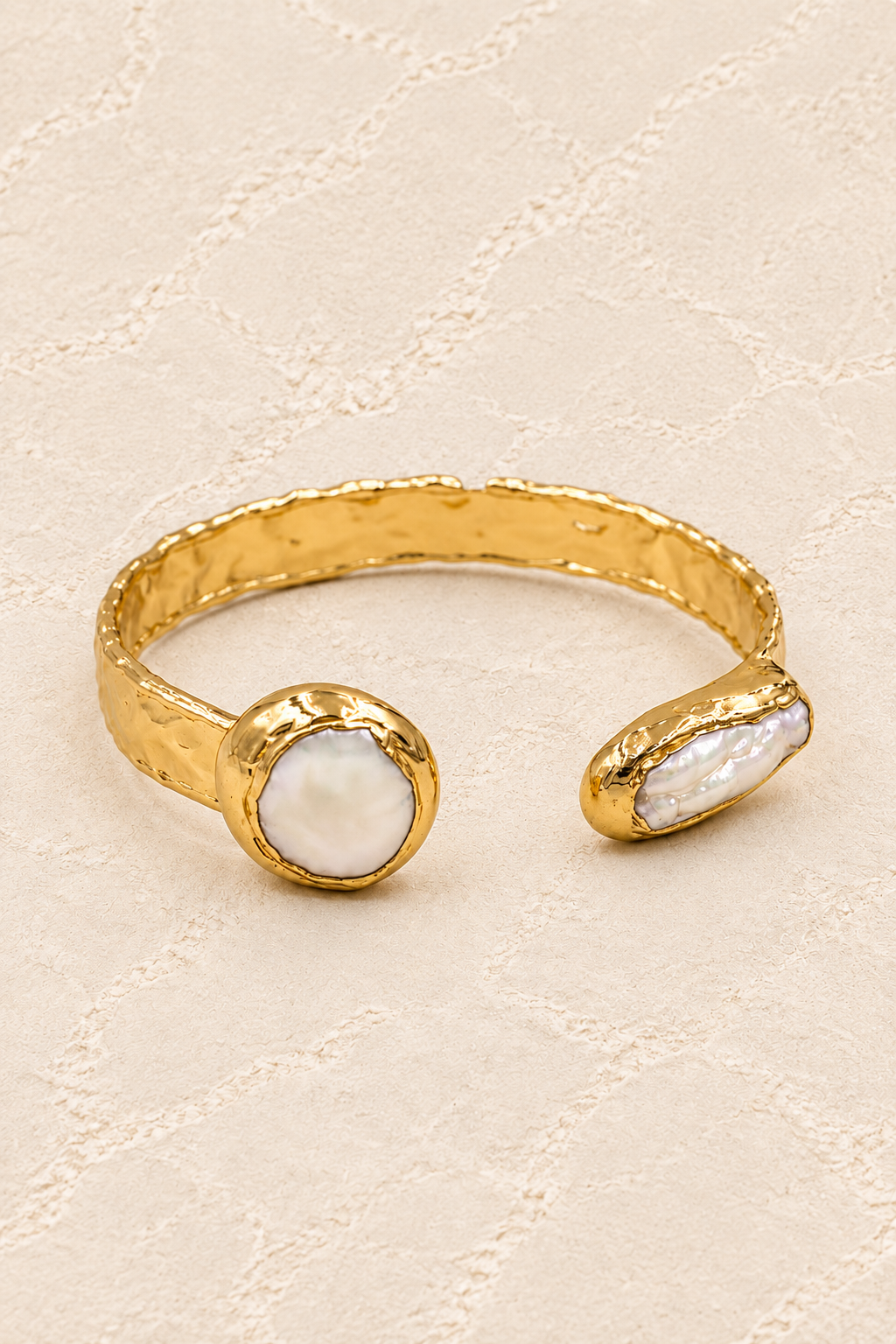 
                  
                    Free Spirit Boho Brass & Gold Natural Freshwater Pearl Cuff Bracelet on ivory plaster, tall product cover
                  
                