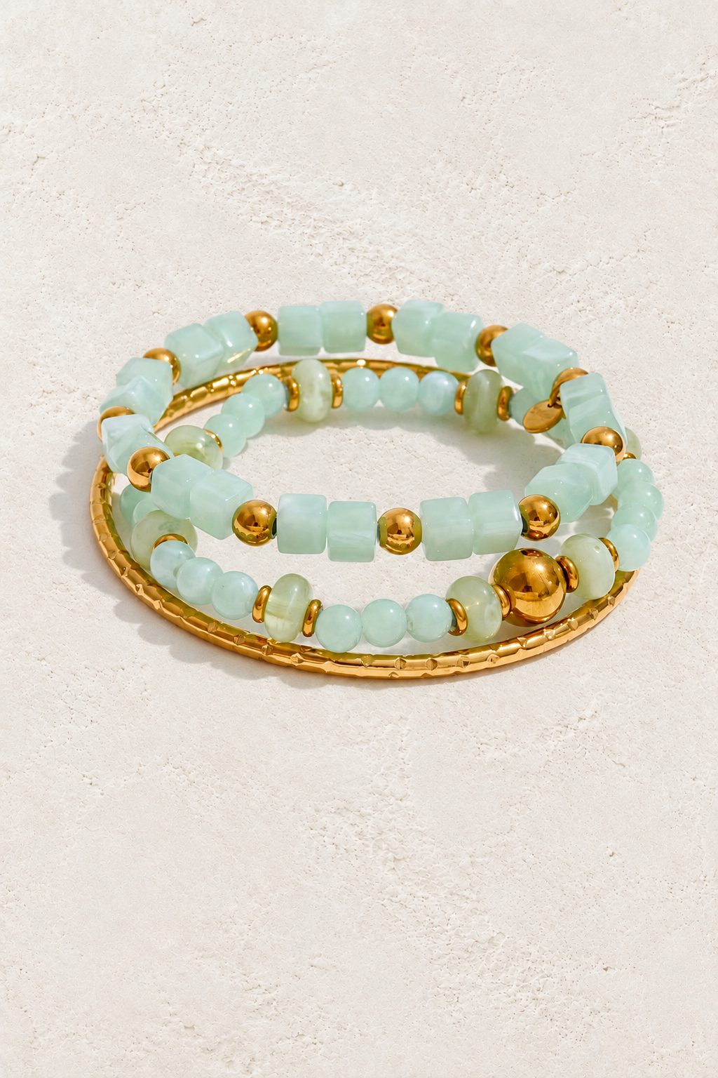 
                  
                    Aqua Serenity Beaded Bracelet Stack on ivory textured background
                  
                