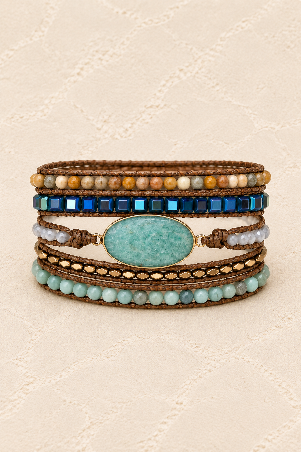 
                  
                    Handmade Amazonite 3 Mixed Natural Stone Wrap Bracelet on ivory plaster, tall product cover
                  
                