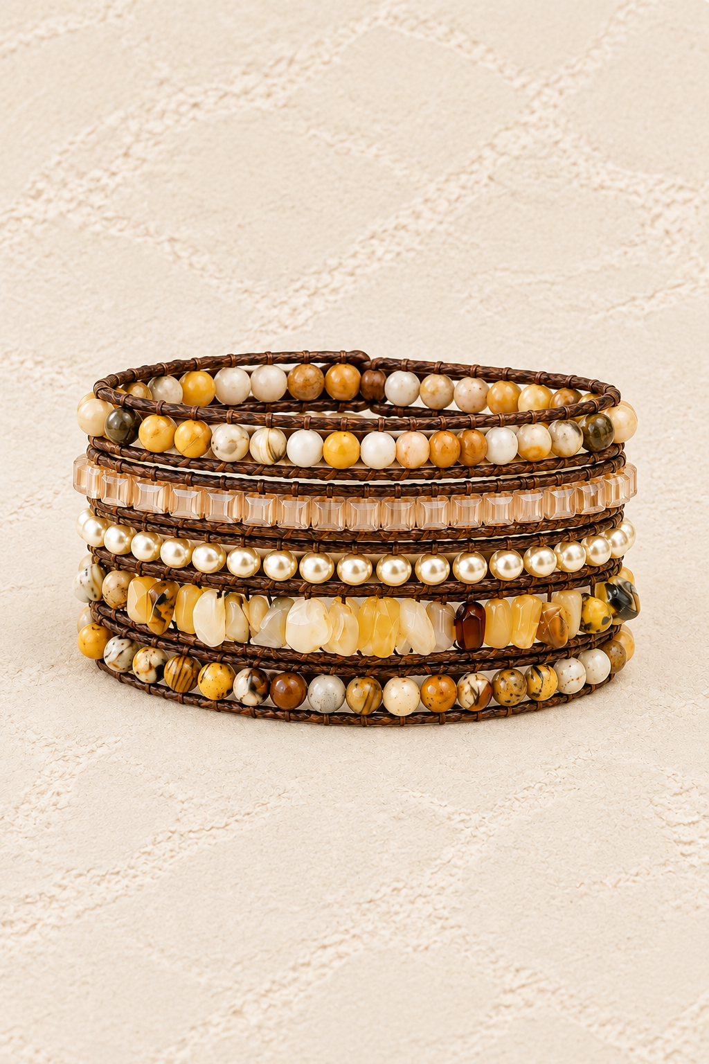 Handmade Yellow Jasper Mixed Natural Stone 5 Wrap Bracelet on ivory plaster, tall product cover