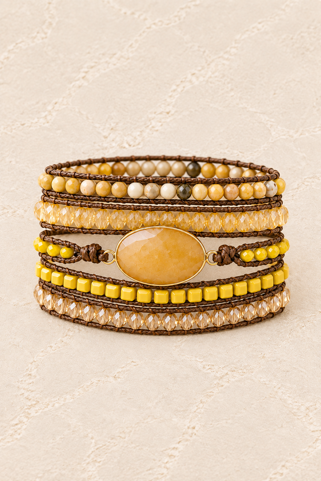 
                  
                    Handmade Yellow Jade Mixed Natural Stone Wrap Bracelet on ivory plaster, tall product cover
                  
                