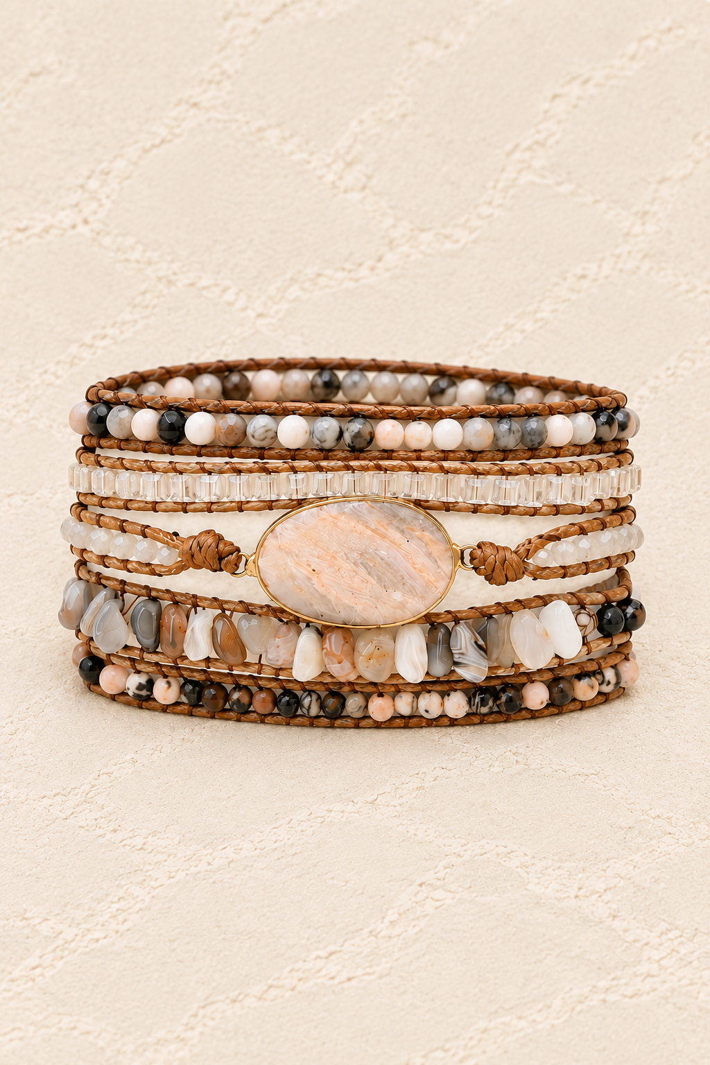 Handmade Blush Agate Mixed Natural Stone Wrap Bracelet on ivory plaster, tall product cover