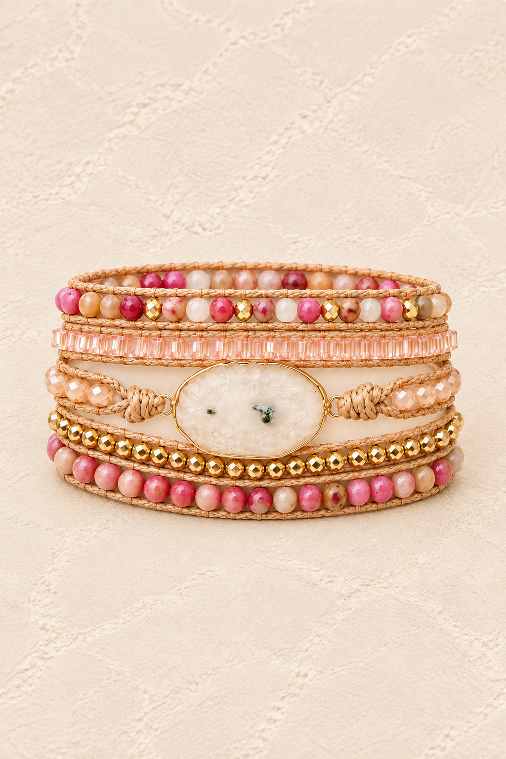 Handmade White Agate & Rhodonite Mixed Natural Stone Wrap Bracelet on ivory plaster, tall product cover