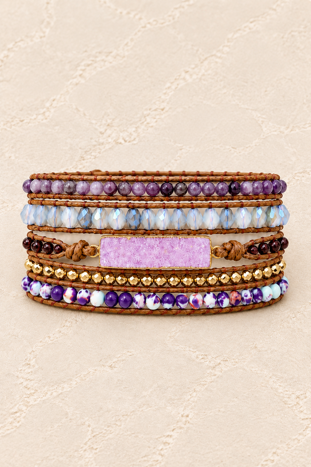 Handmade Pink Druzy Mixed Natural Stone Wrap Bracelet on ivory plaster, tall product cover