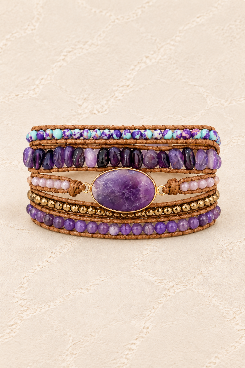 
                  
                    Handmade Amethyst Mixed Natural Stone Wrap Bracelet on ivory plaster, tall product cover
                  
                