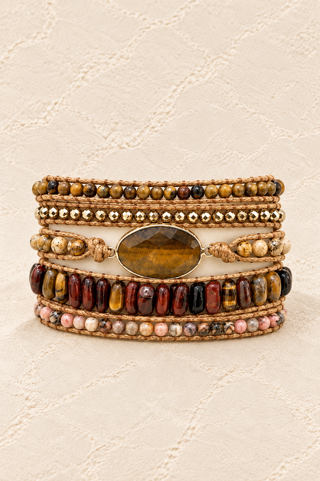 Handmade Tiger’s Eye Mixed Natural Stone Wrap Bracelet on ivory plaster, tall product cover