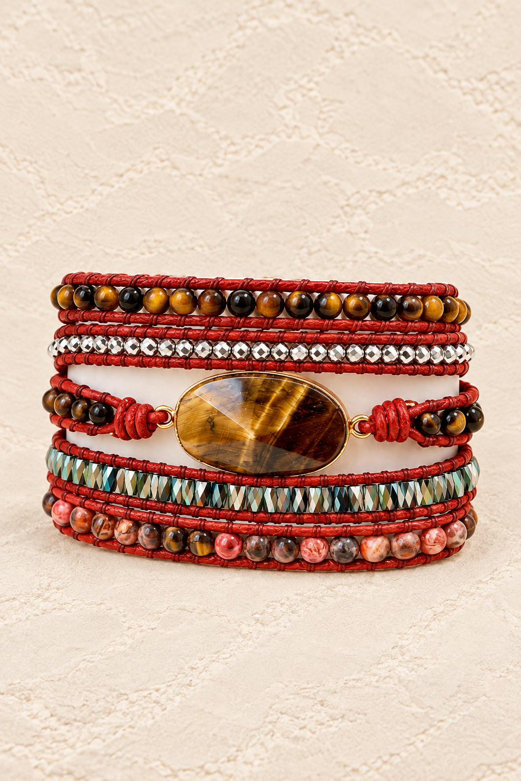 Handmade Tiger’s Eye & Rhodonite Mixed Natural Stone Wrap Bracelet on ivory plaster, tall product cover