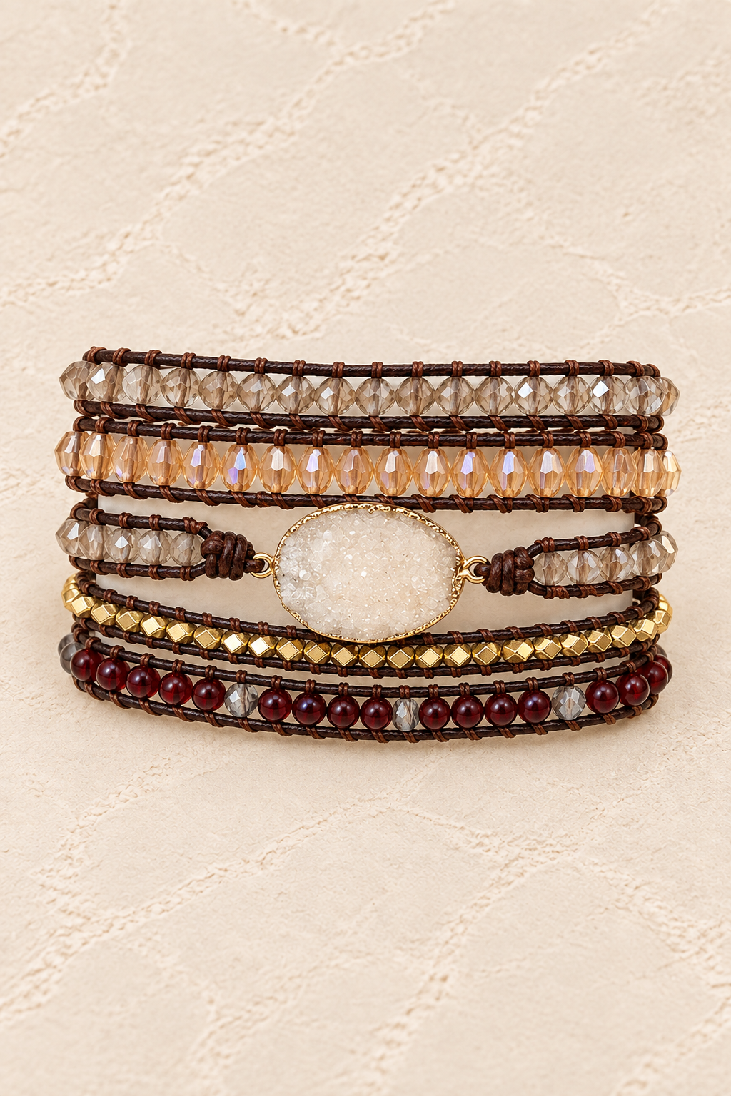 Handmade Tiger’s Eye & Fresh Water Pearls Mixed Natural Stone 5 Wrap Bracelet on ivory plaster, tall product cover