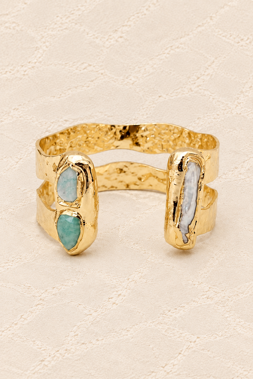 Free Spirit Boho Brass & Gold Amazonite Cuff Bracelet on ivory plaster, tall product cover