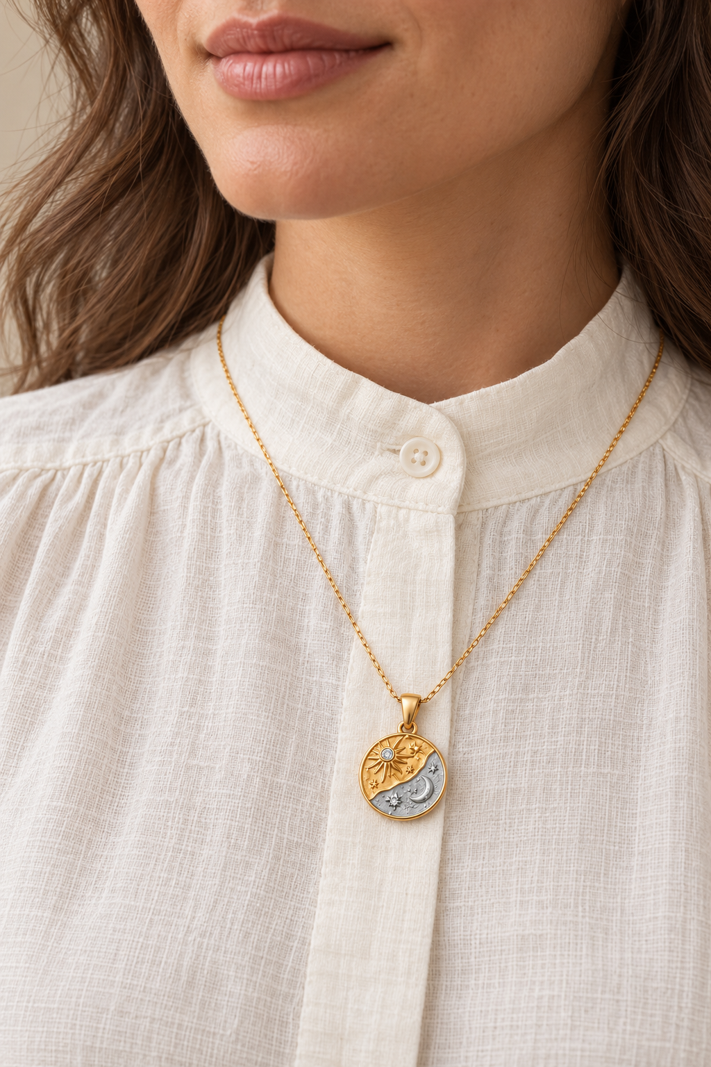 Celestia Sun & Moon Necklace worn on a model