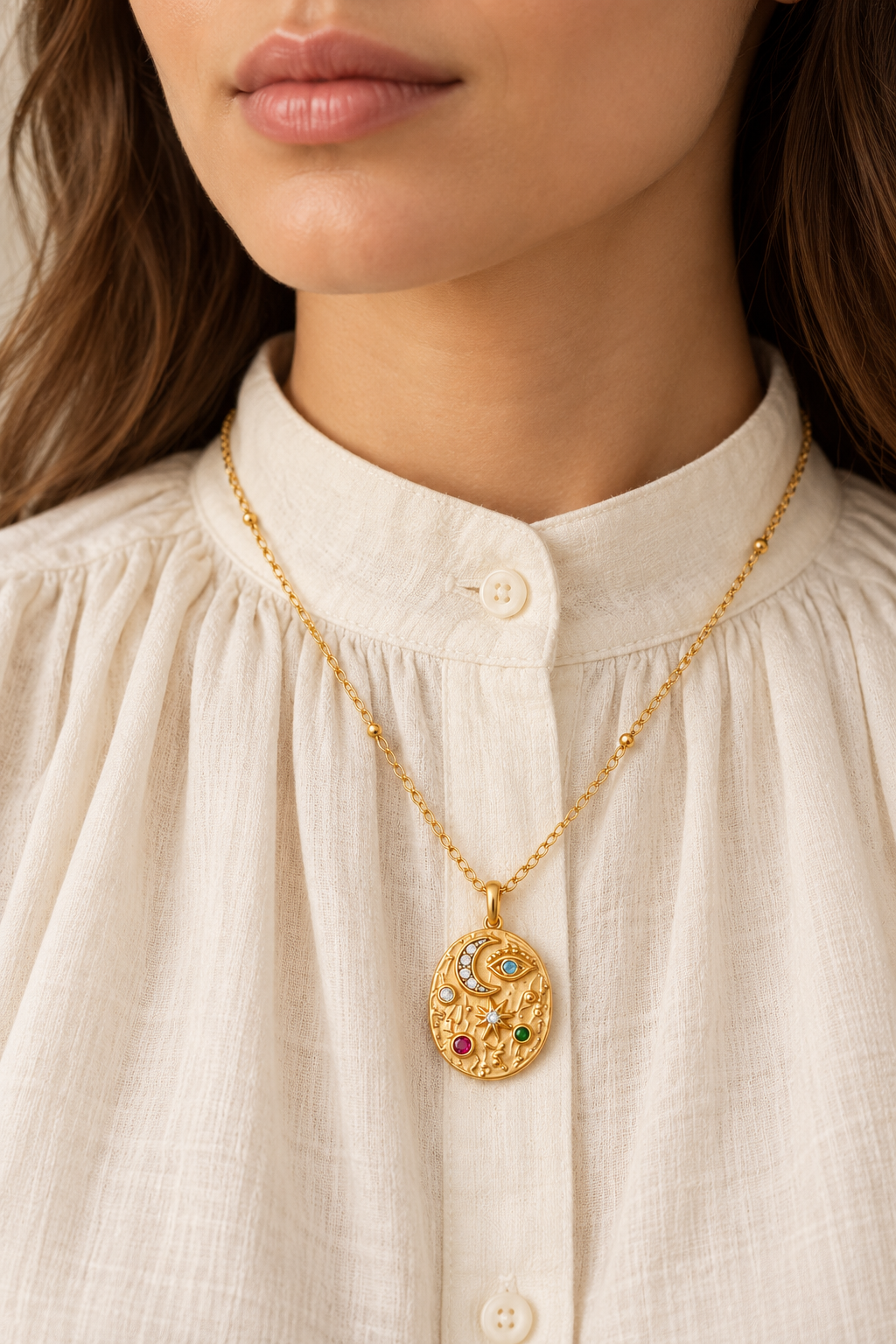 Celestial Amulet Waterproof Necklace worn on a model