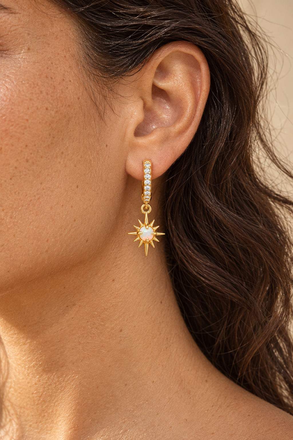 
                  
                    Boho model wearing Celestial Star Hoop Earrings – 18K Gold Plated Sterling Silver
                  
                