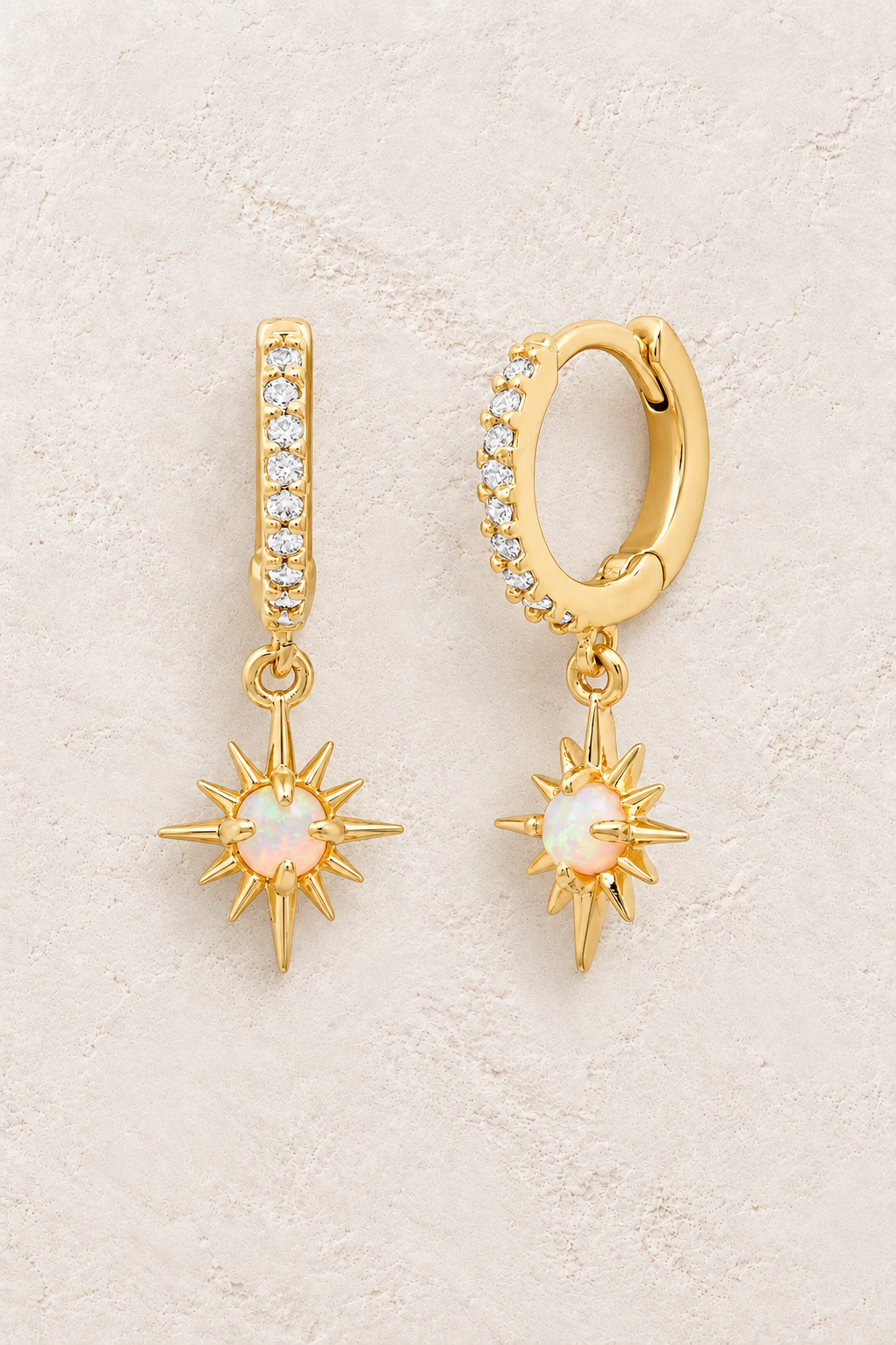 Celestial Star Hoop Earrings – 18K Gold Plated Sterling Silver on warm ivory textured background