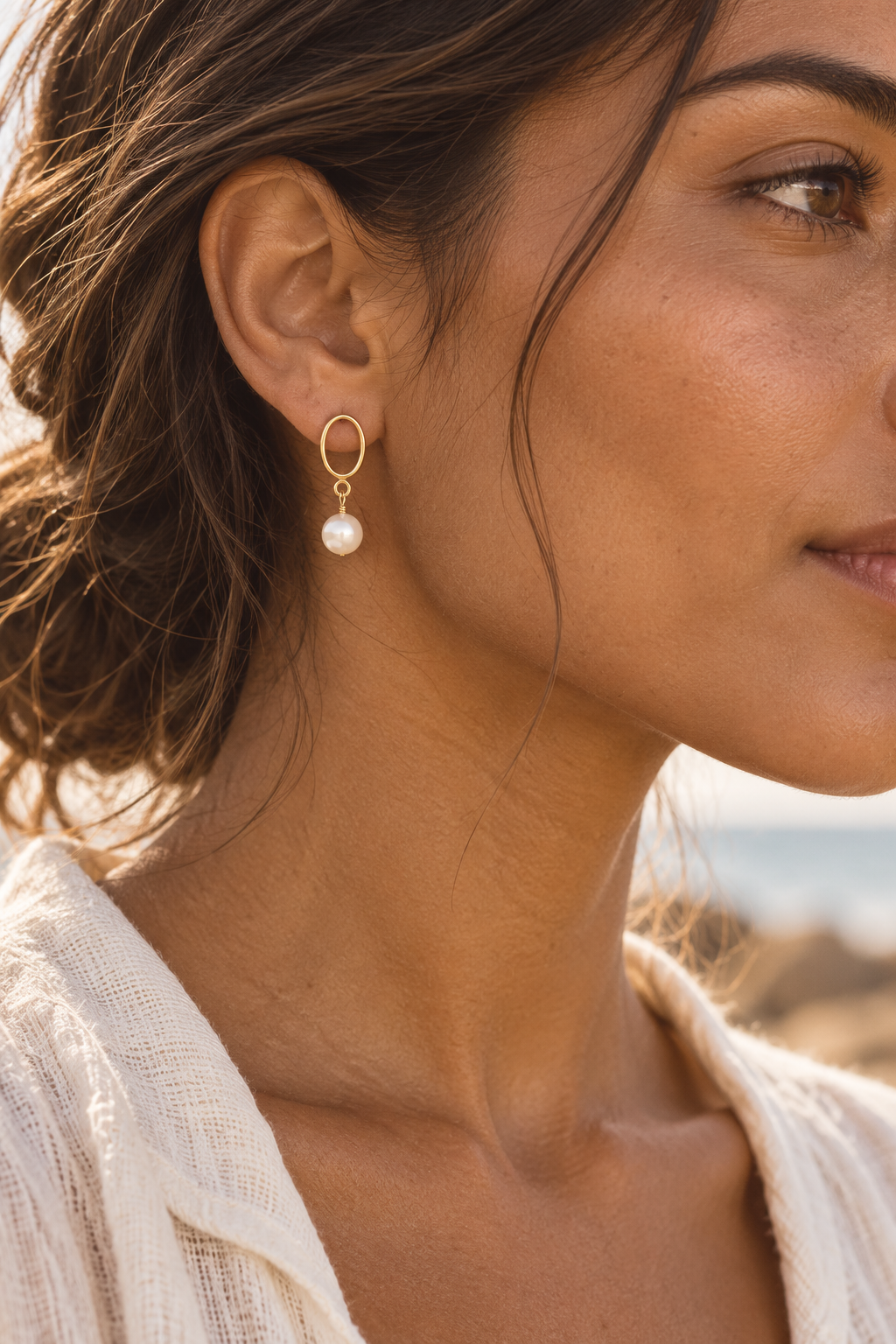 
                  
                    Boho model wearing Classic Pearl Oval Drops
                  
                