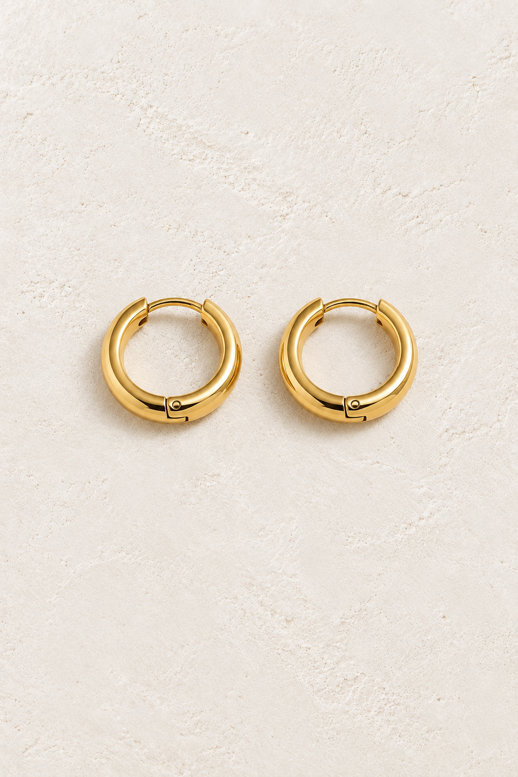 
                  
                    Classic Waterproof Hoop Earrings Gold 12mm on cream textured background
                  
                