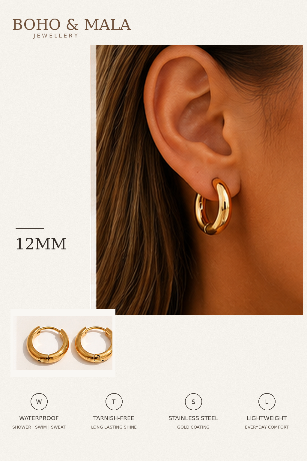 
                  
                    Classic Waterproof Hoop Earrings Gold 12mm on model
                  
                