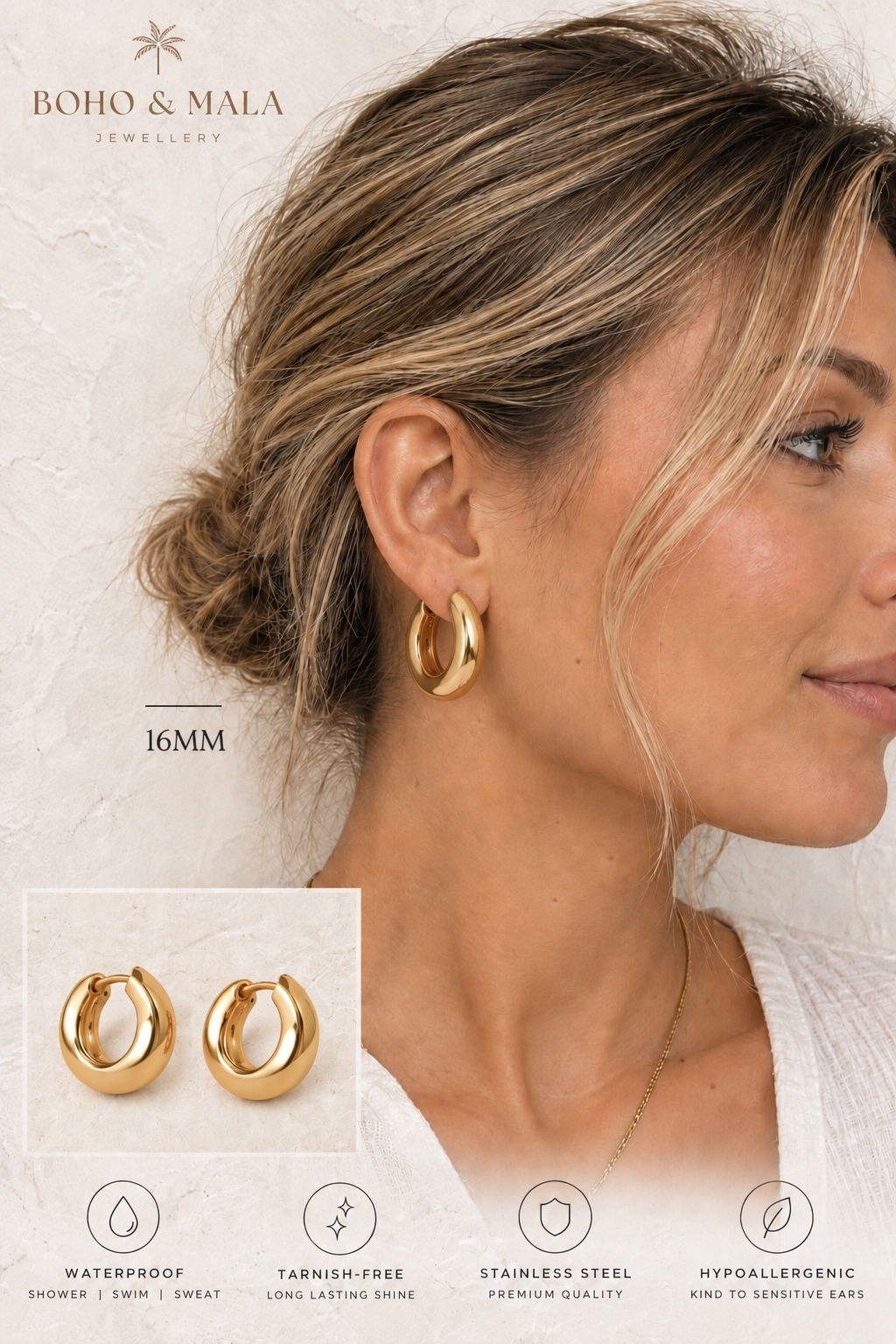 
                  
                    Classic Waterproof Hoop Earrings Gold 16mm on model
                  
                