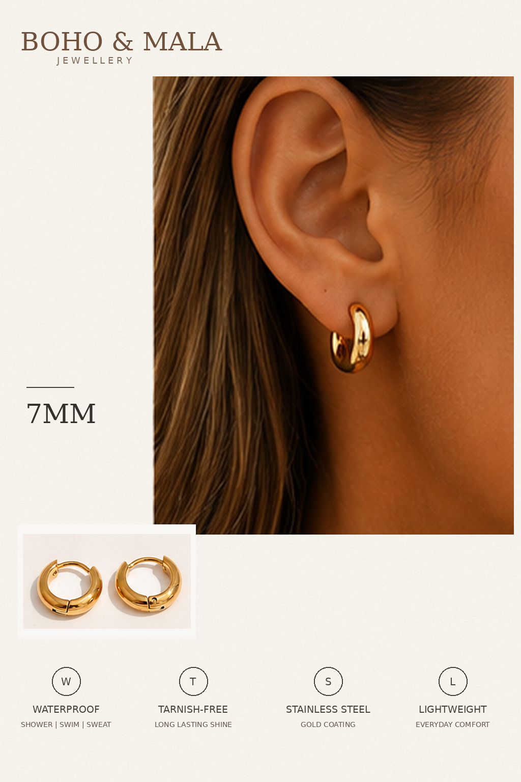 
                  
                    Classic Waterproof Hoop Earrings Gold 7mm on model
                  
                