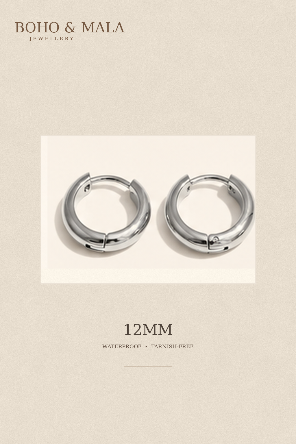 
                  
                    Classic Waterproof Hoop Earrings Silver 12mm on warm beige textured background
                  
                