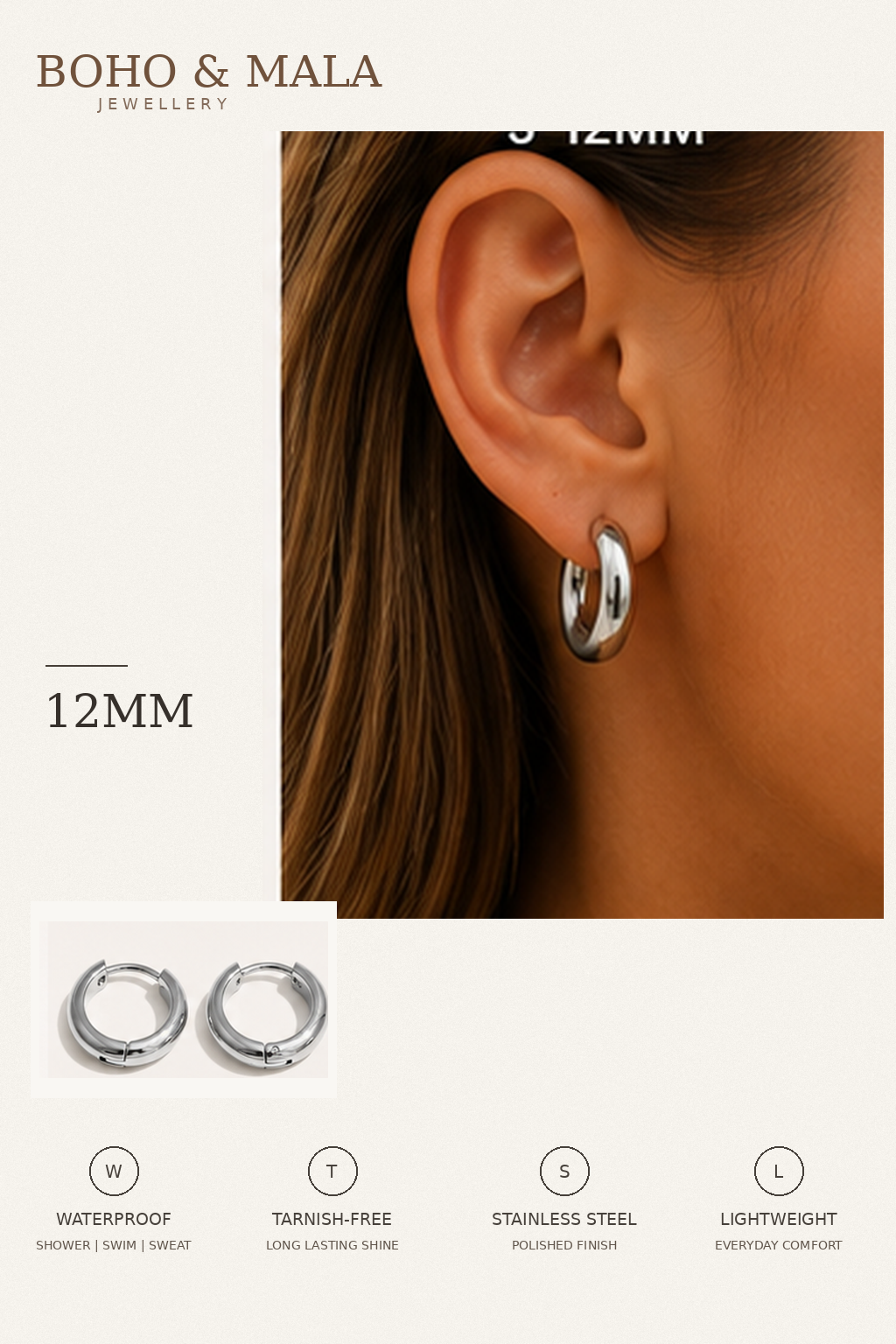 
                  
                    Classic Waterproof Hoop Earrings Silver 12mm on model
                  
                