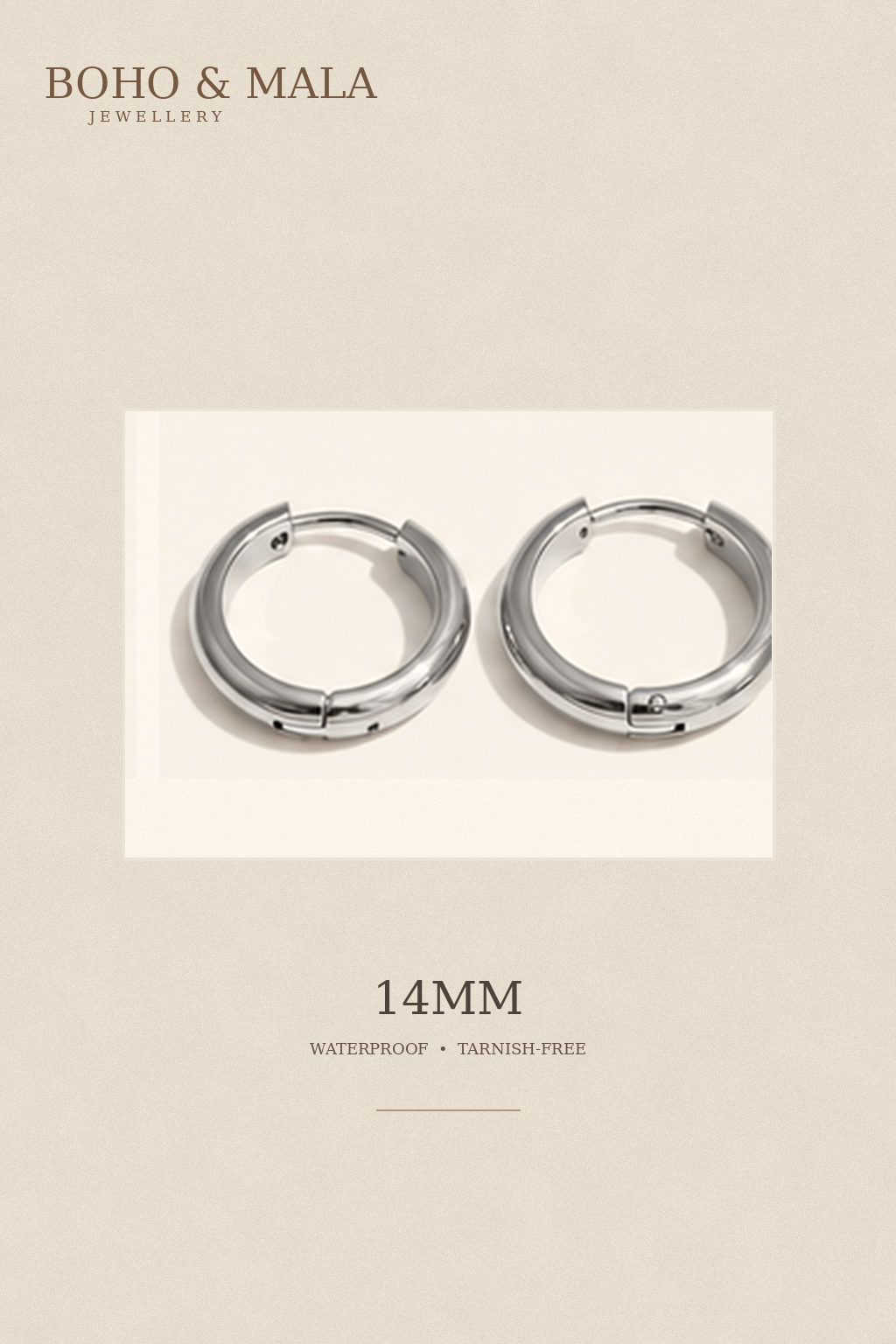 
                  
                    Classic Waterproof Hoop Earrings Silver 14mm on warm beige textured background
                  
                