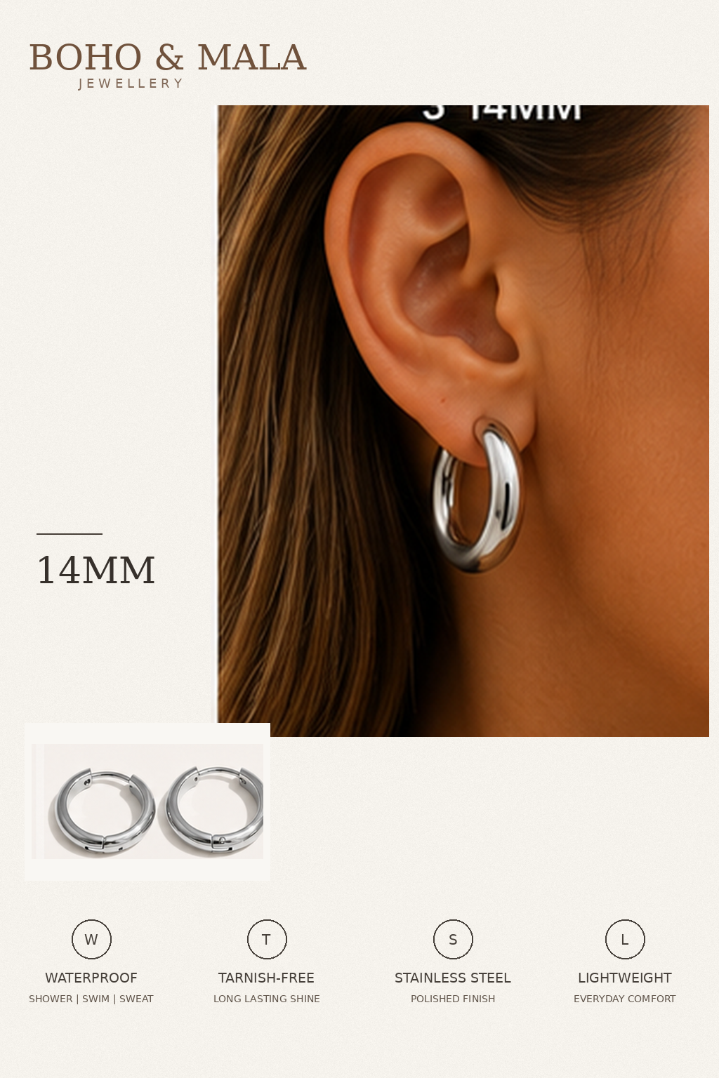 
                  
                    Classic Waterproof Hoop Earrings Silver 14mm on model
                  
                