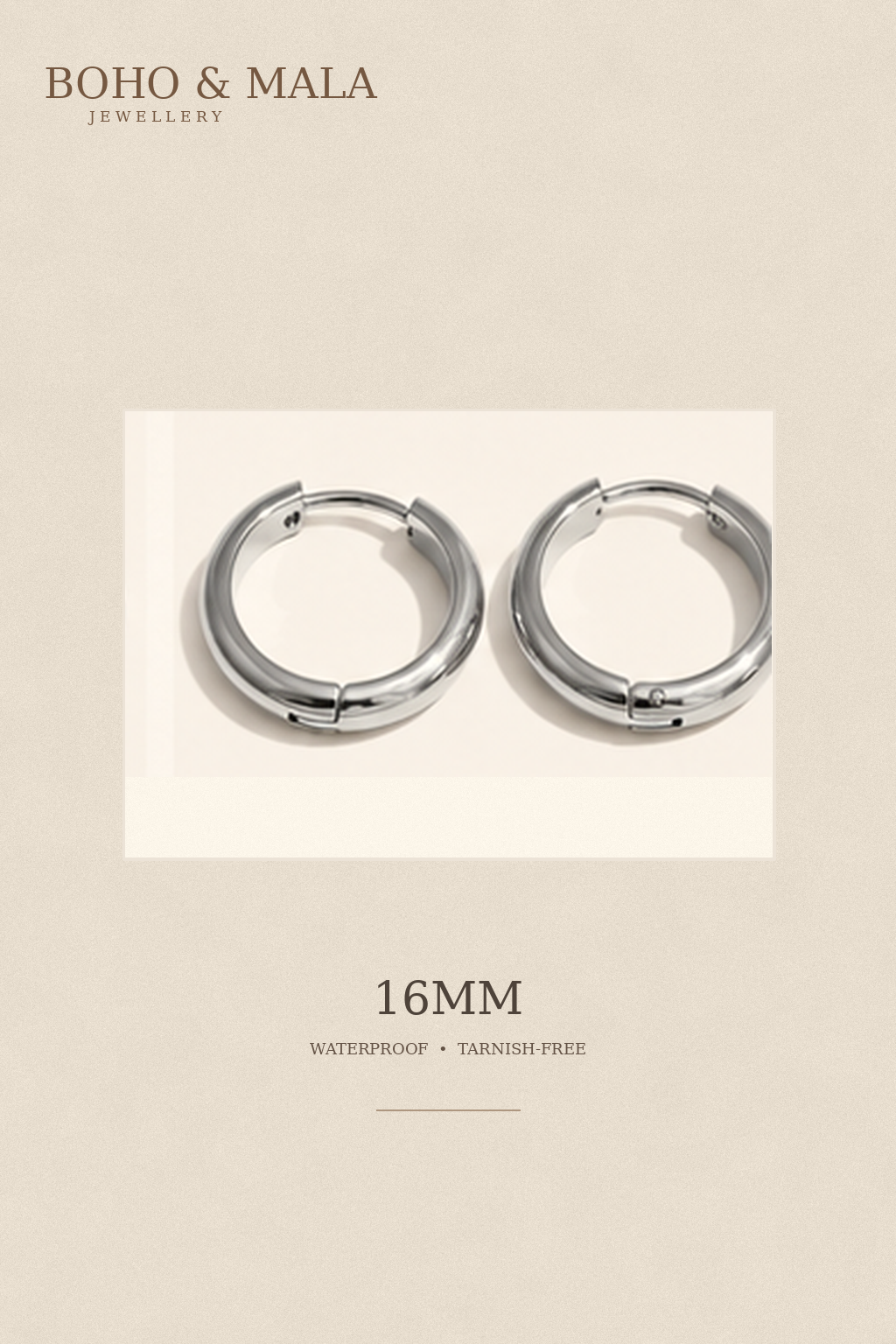 
                  
                    Classic Waterproof Hoop Earrings Silver 16mm on warm beige textured background
                  
                